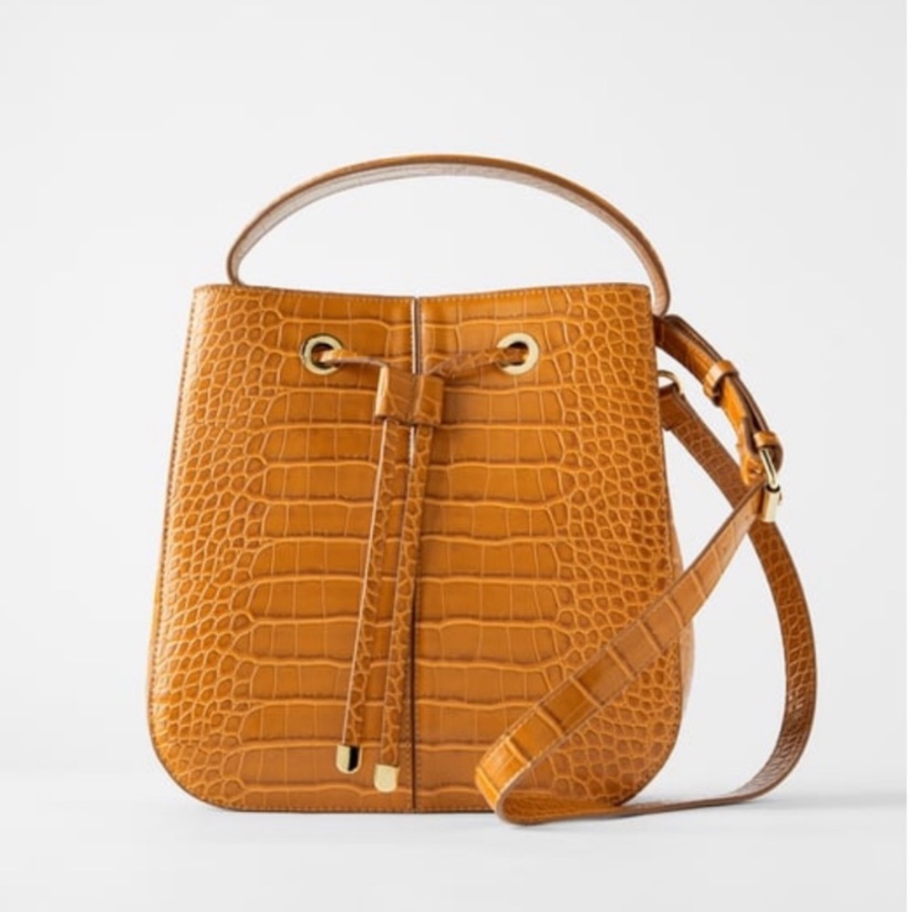 NWT Zara croc embossed faux leather top handle long strap bucket bag mustard